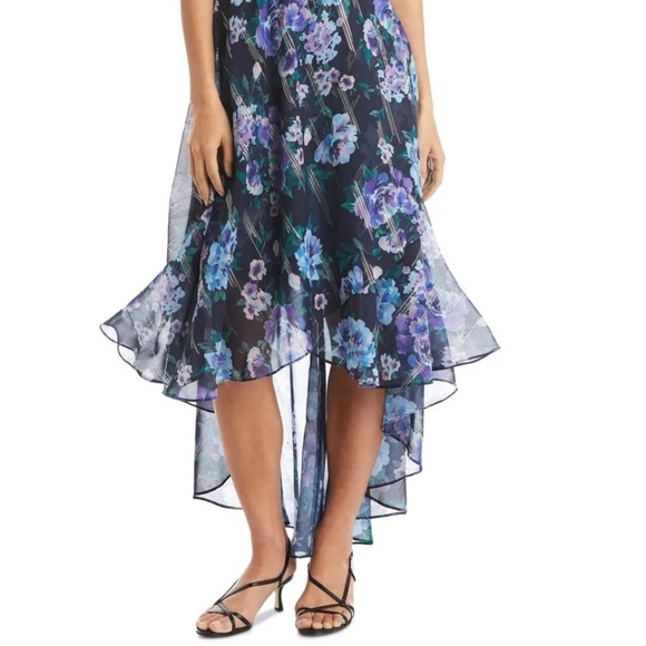 Women’s Formal Dress Size 10 NIGHTWAY Navy Fit+Flare Inset Ruffled Hi Lo Hem NEW - Picture 5 of 5